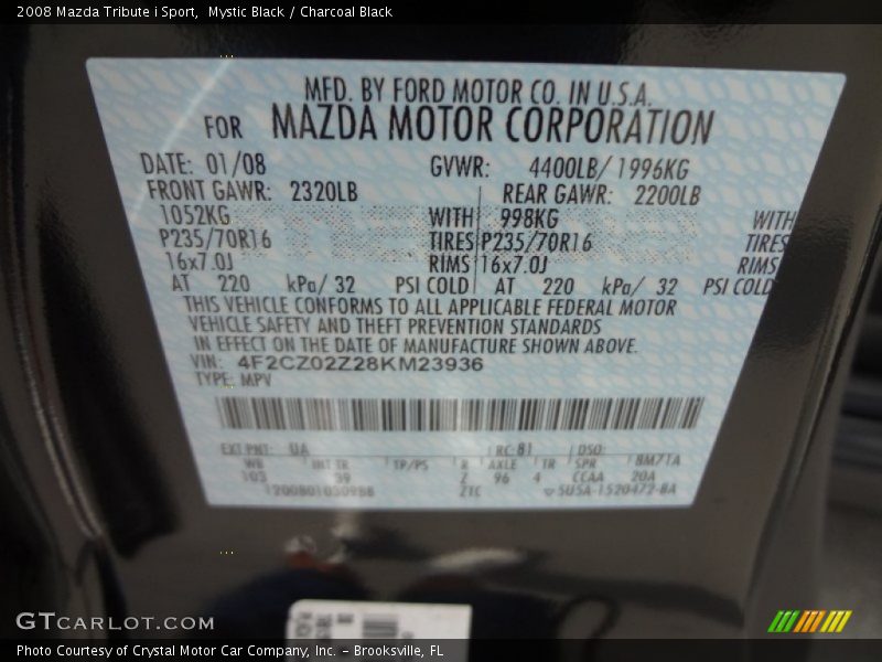 Mystic Black / Charcoal Black 2008 Mazda Tribute i Sport