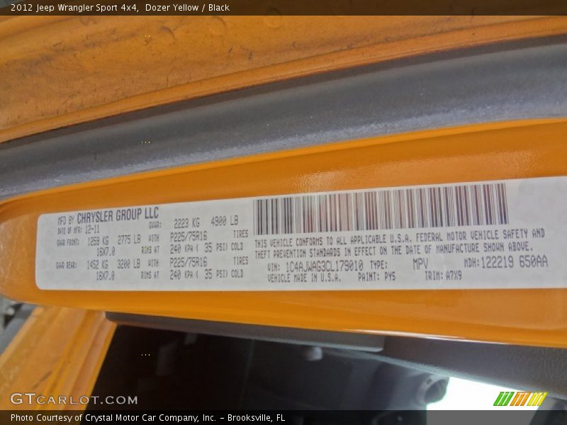 2012 Wrangler Sport 4x4 Dozer Yellow Color Code PY5