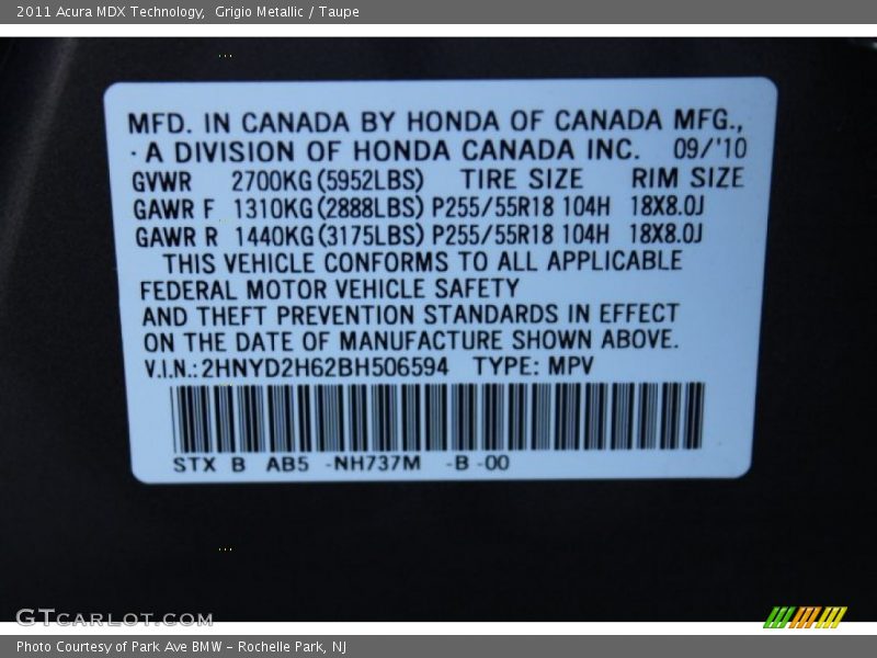 Grigio Metallic / Taupe 2011 Acura MDX Technology