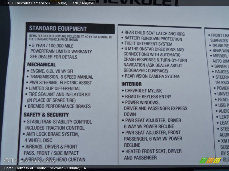 2013 Camaro SS/RS Coupe Window Sticker