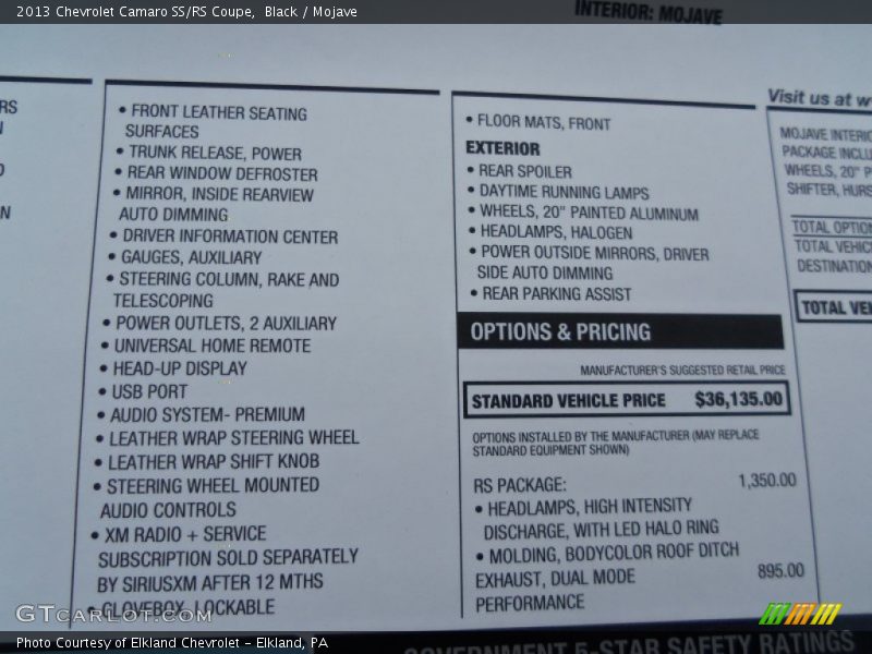  2013 Camaro SS/RS Coupe Window Sticker