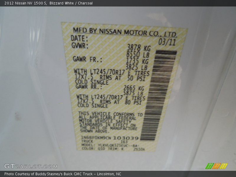 Blizzard White / Charcoal 2012 Nissan NV 1500 S