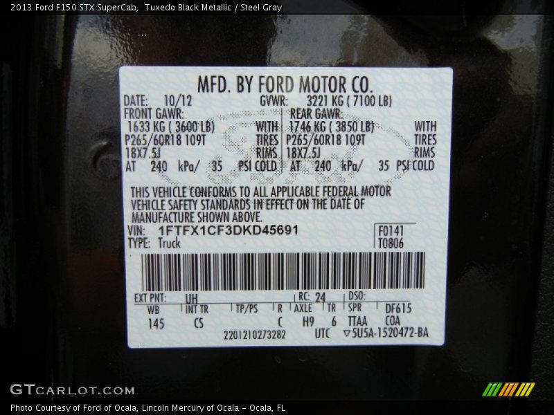 2013 F150 STX SuperCab Tuxedo Black Metallic Color Code UH