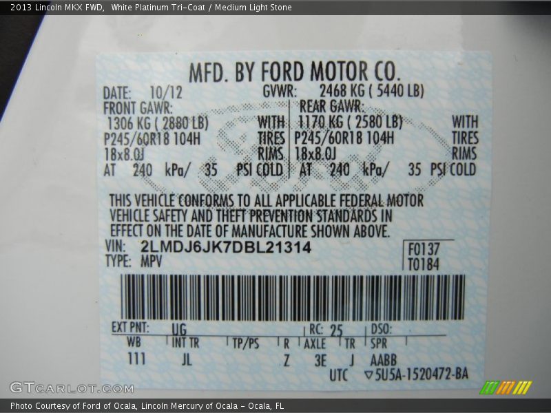 White Platinum Tri-Coat / Medium Light Stone 2013 Lincoln MKX FWD