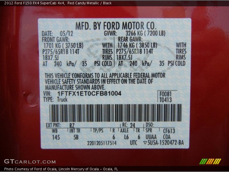 2012 F150 FX4 SuperCab 4x4 Red Candy Metallic Color Code RZ