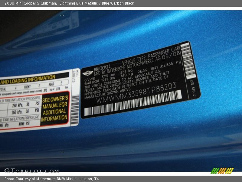 Info Tag of 2008 Cooper S Clubman