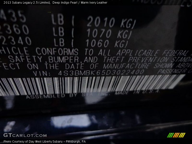 Deep Indigo Pearl / Warm Ivory Leather 2013 Subaru Legacy 2.5i Limited