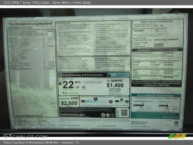 Alpine White / Veneto Beige 2013 BMW 7 Series 740Li Sedan