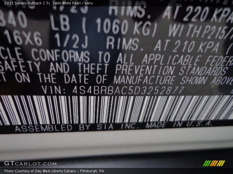 Satin White Pearl / Ivory 2013 Subaru Outback 2.5i