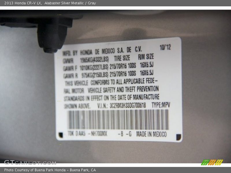 Alabaster Silver Metallic / Gray 2013 Honda CR-V LX