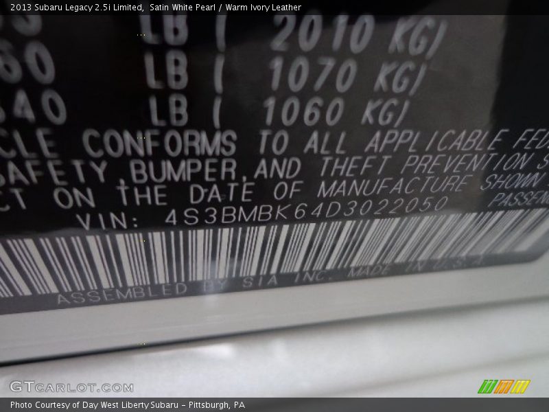 Satin White Pearl / Warm Ivory Leather 2013 Subaru Legacy 2.5i Limited