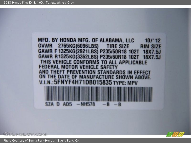 2013 Pilot EX-L 4WD Taffeta White Color Code NH578