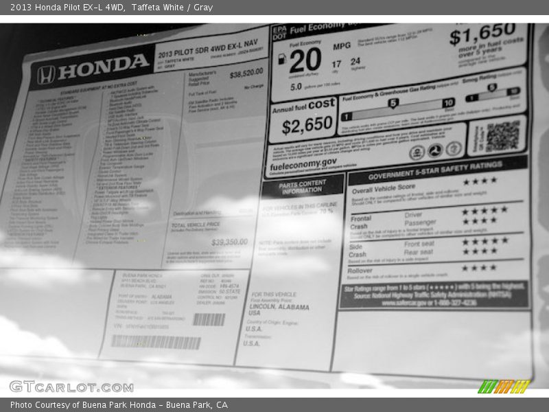  2013 Pilot EX-L 4WD Window Sticker