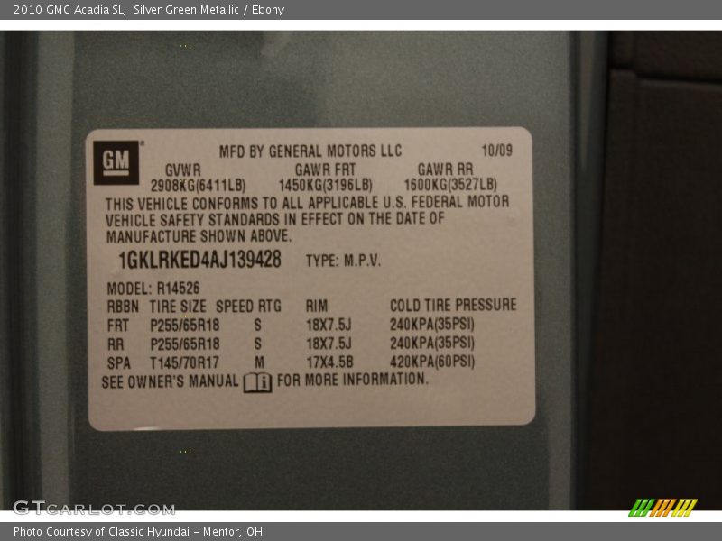Silver Green Metallic / Ebony 2010 GMC Acadia SL
