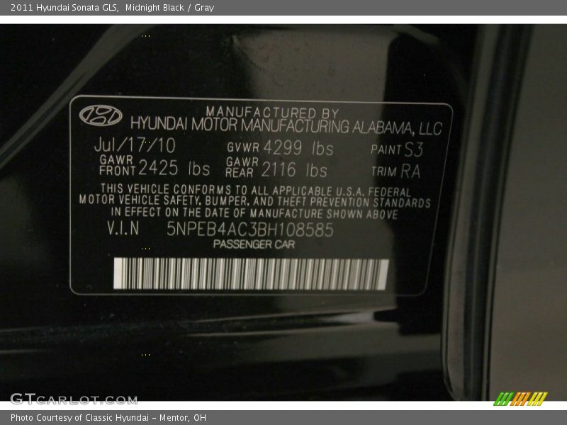 Midnight Black / Gray 2011 Hyundai Sonata GLS
