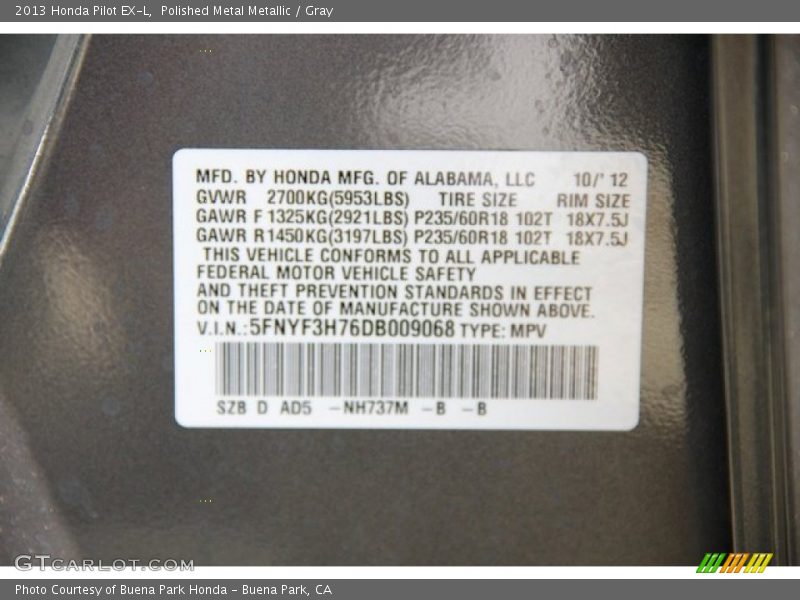 Polished Metal Metallic / Gray 2013 Honda Pilot EX-L
