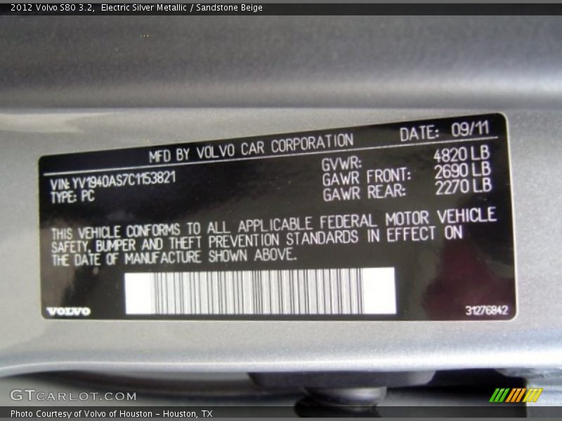 Electric Silver Metallic / Sandstone Beige 2012 Volvo S80 3.2