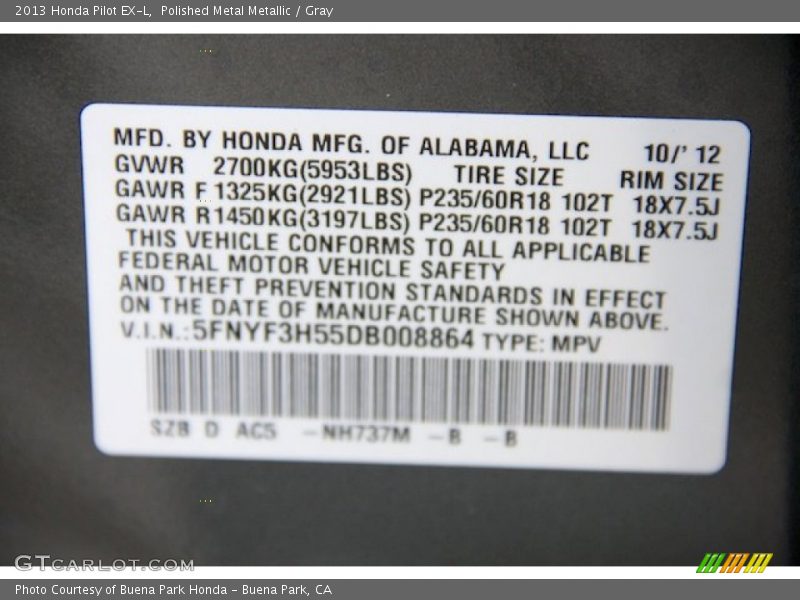 Polished Metal Metallic / Gray 2013 Honda Pilot EX-L