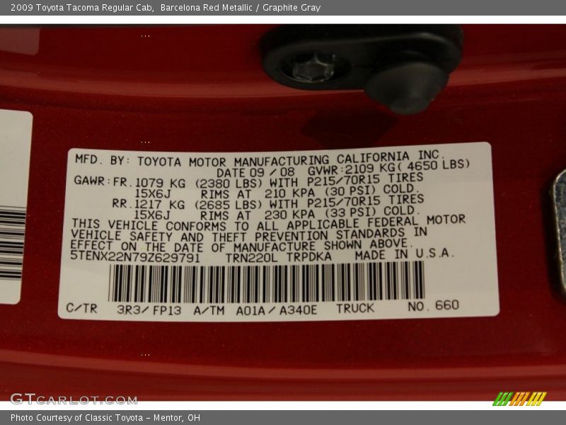 Barcelona Red Metallic / Graphite Gray 2009 Toyota Tacoma Regular Cab