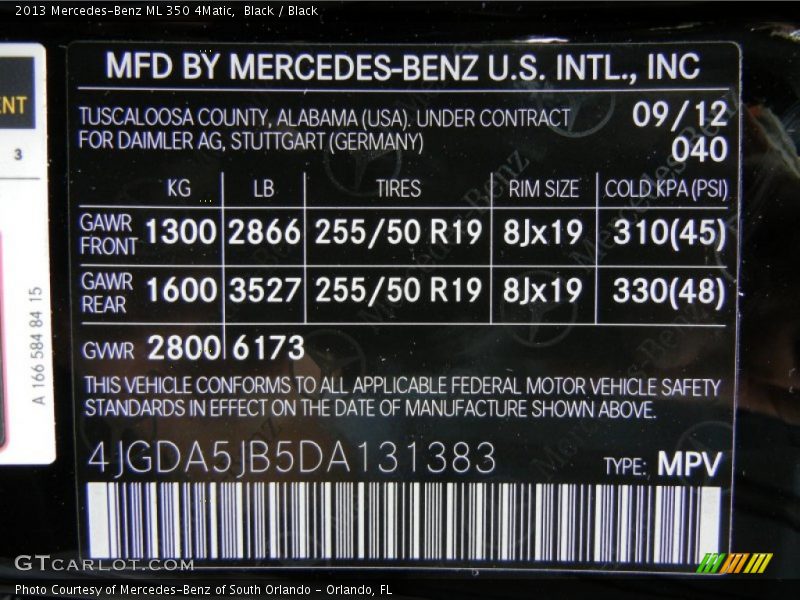 Black / Black 2013 Mercedes-Benz ML 350 4Matic