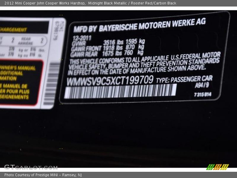 2012 Cooper John Cooper Works Hardtop Midnight Black Metallic Color Code A94