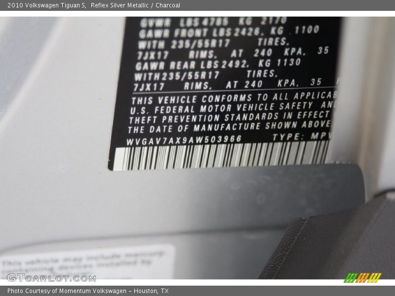Reflex Silver Metallic / Charcoal 2010 Volkswagen Tiguan S