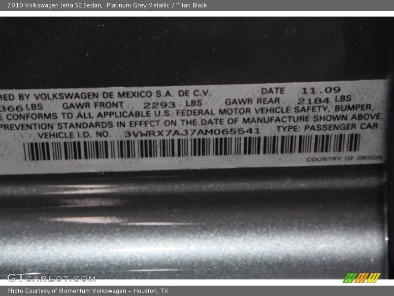 Platinum Grey Metallic / Titan Black 2010 Volkswagen Jetta SE Sedan