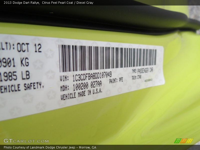 2013 Dart Rallye Citrus Peel Pearl Coat Color Code PFE