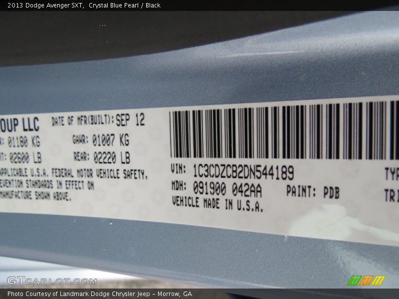 2013 Avenger SXT Crystal Blue Pearl Color Code PDB