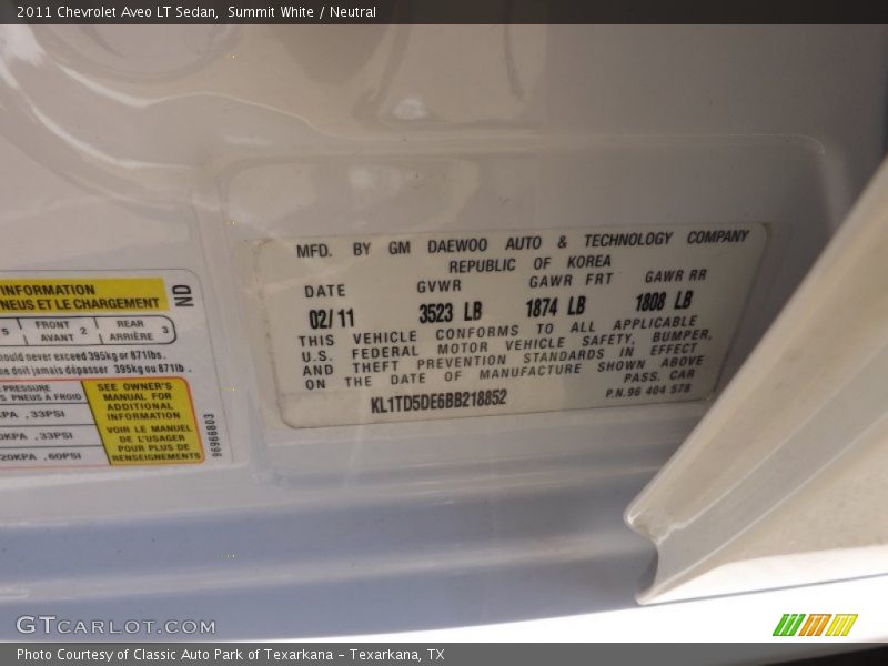 Summit White / Neutral 2011 Chevrolet Aveo LT Sedan