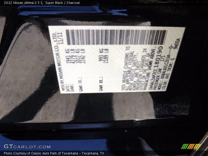 Super Black / Charcoal 2012 Nissan Altima 2.5 S