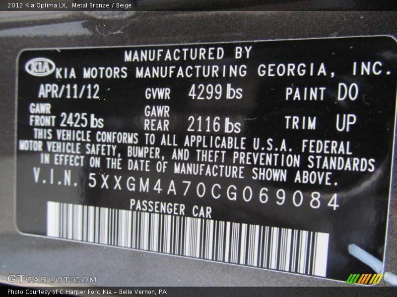 Metal Bronze / Beige 2012 Kia Optima LX