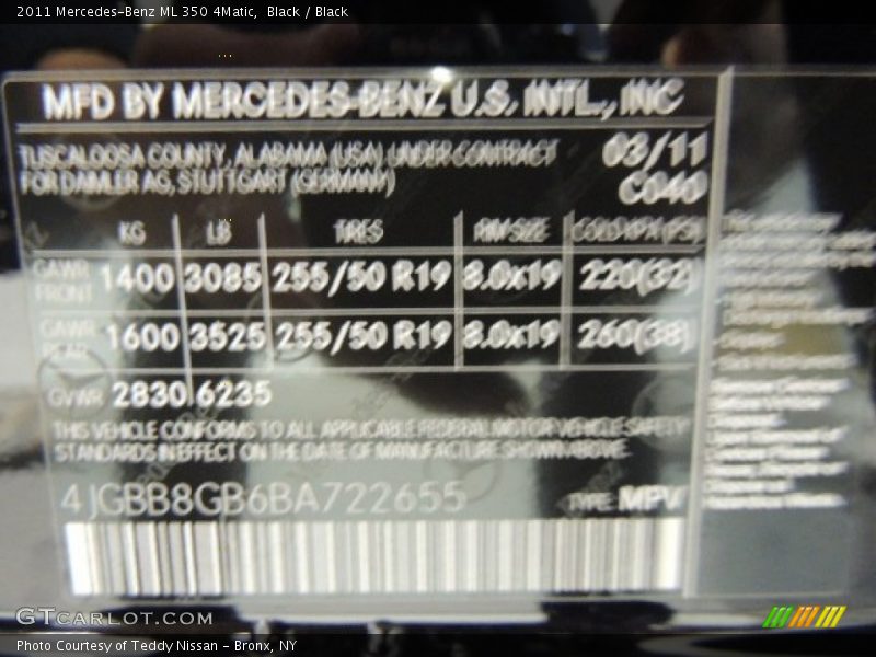 Black / Black 2011 Mercedes-Benz ML 350 4Matic