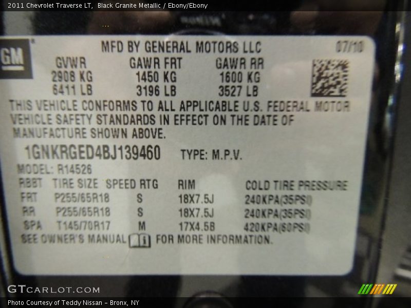 Black Granite Metallic / Ebony/Ebony 2011 Chevrolet Traverse LT
