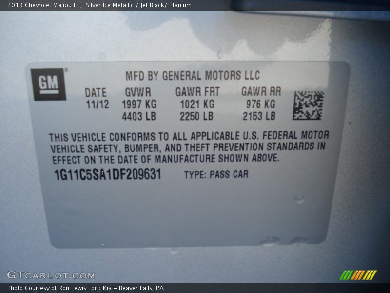 Silver Ice Metallic / Jet Black/Titanium 2013 Chevrolet Malibu LT