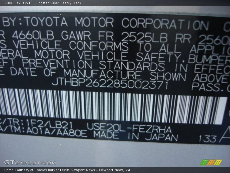 Tungsten Silver Pearl / Black 2008 Lexus IS F