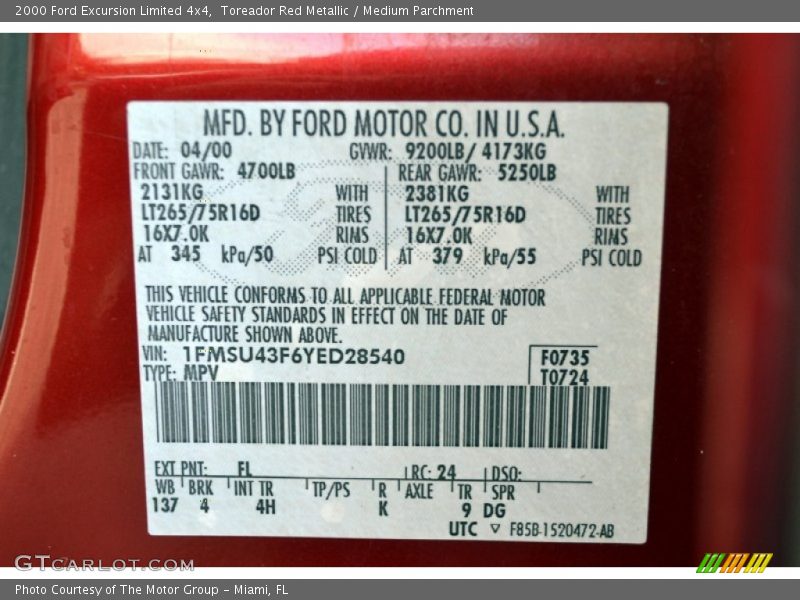 2000 Excursion Limited 4x4 Toreador Red Metallic Color Code FL