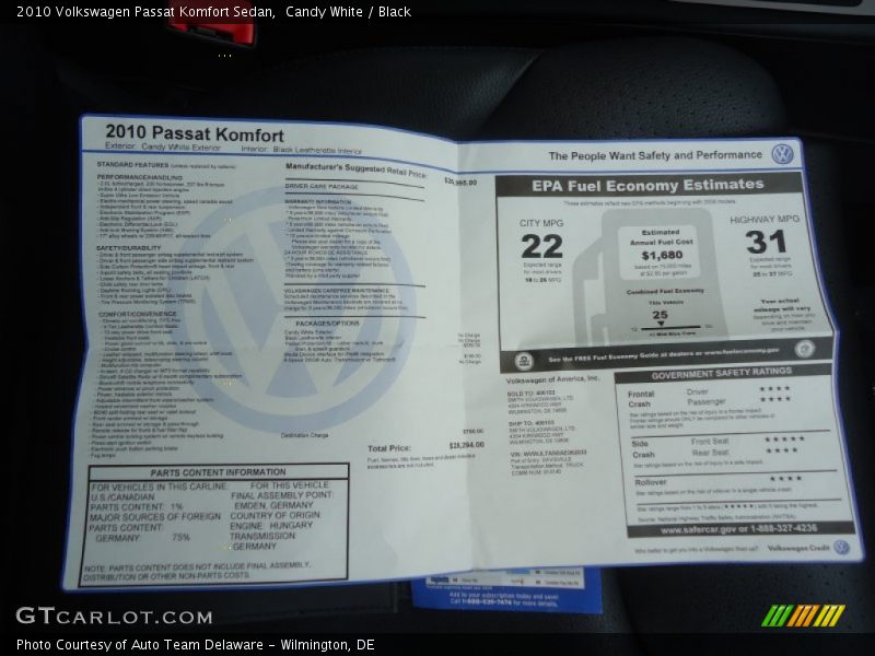  2010 Passat Komfort Sedan Window Sticker