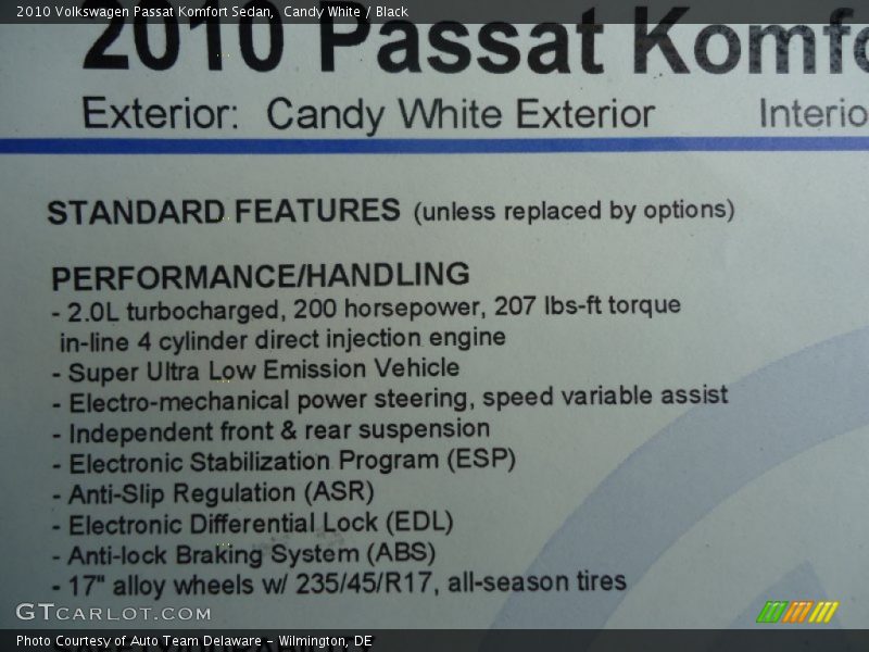  2010 Passat Komfort Sedan Window Sticker
