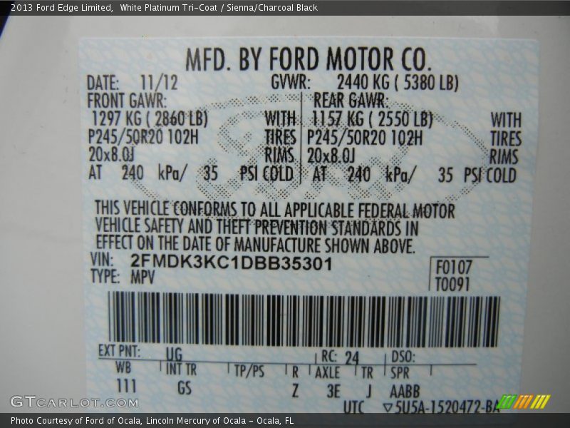 White Platinum Tri-Coat / Sienna/Charcoal Black 2013 Ford Edge Limited