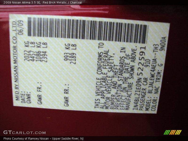 Red Brick Metallic / Charcoal 2009 Nissan Altima 3.5 SE