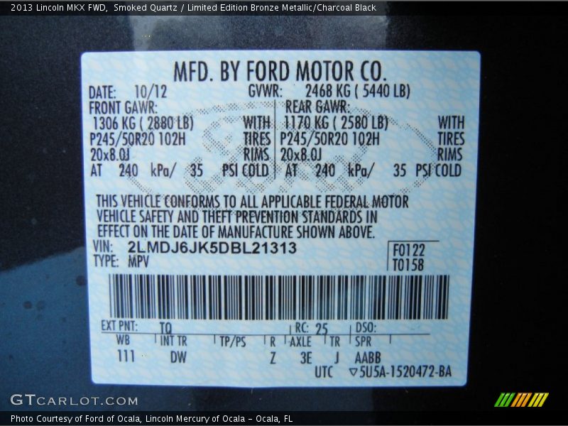 2013 MKX FWD Smoked Quartz Color Code TQ