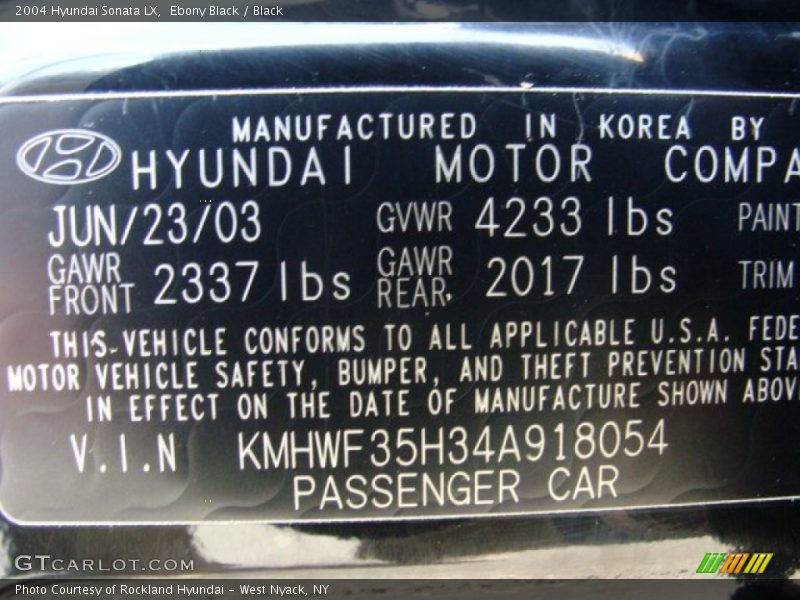 Ebony Black / Black 2004 Hyundai Sonata LX