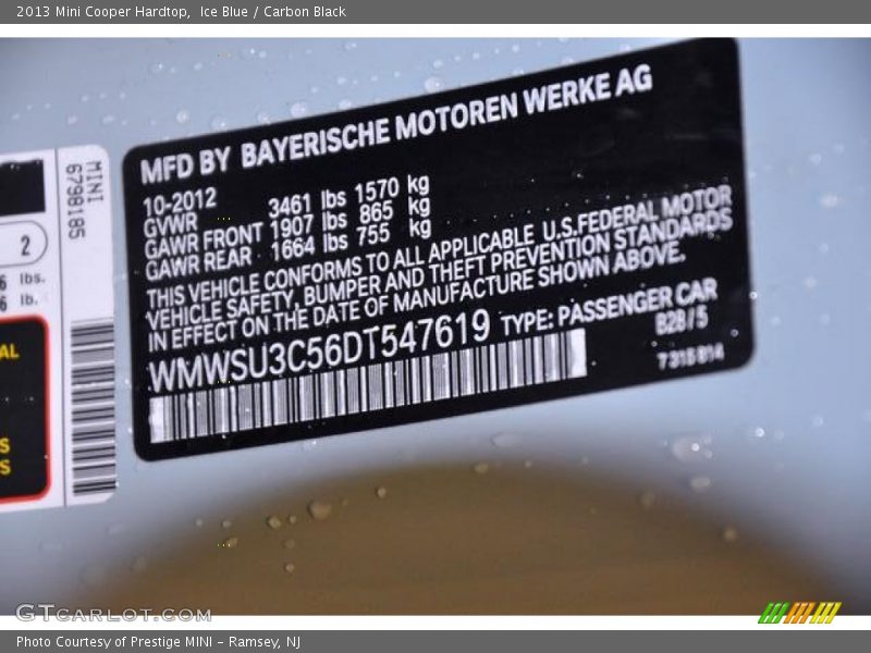 Ice Blue / Carbon Black 2013 Mini Cooper Hardtop