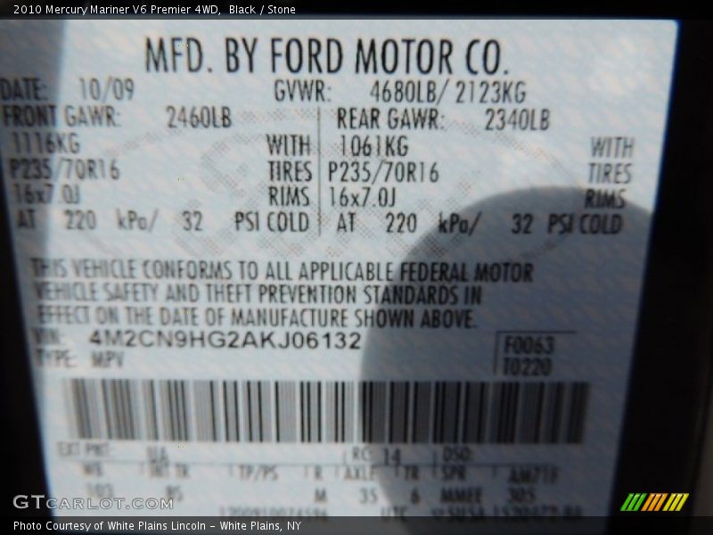 Black / Stone 2010 Mercury Mariner V6 Premier 4WD