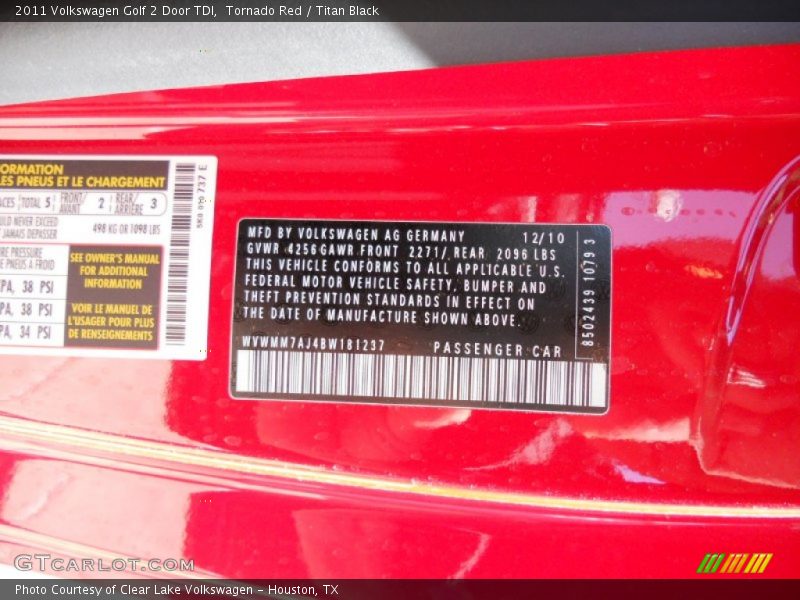 Tornado Red / Titan Black 2011 Volkswagen Golf 2 Door TDI
