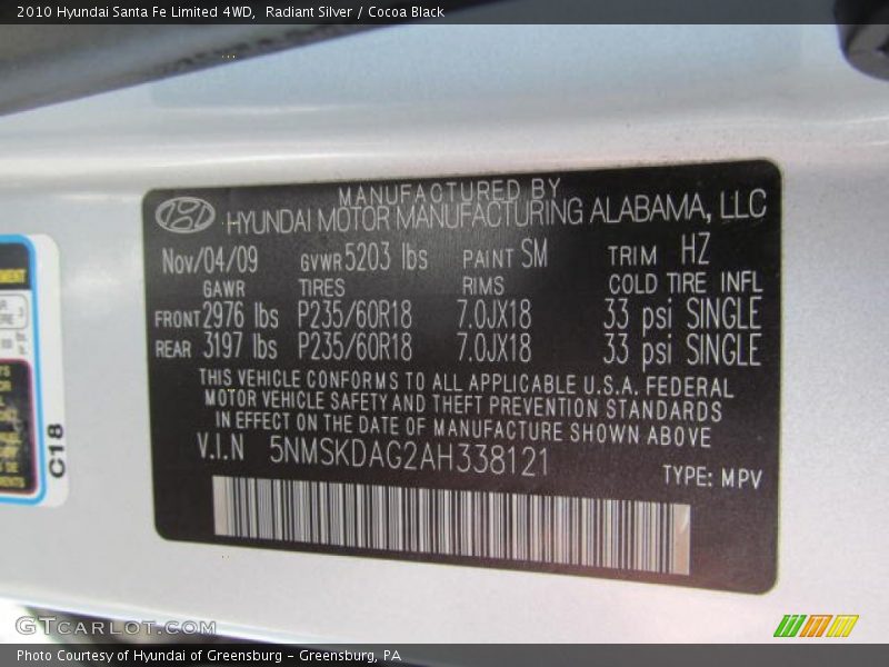 Radiant Silver / Cocoa Black 2010 Hyundai Santa Fe Limited 4WD