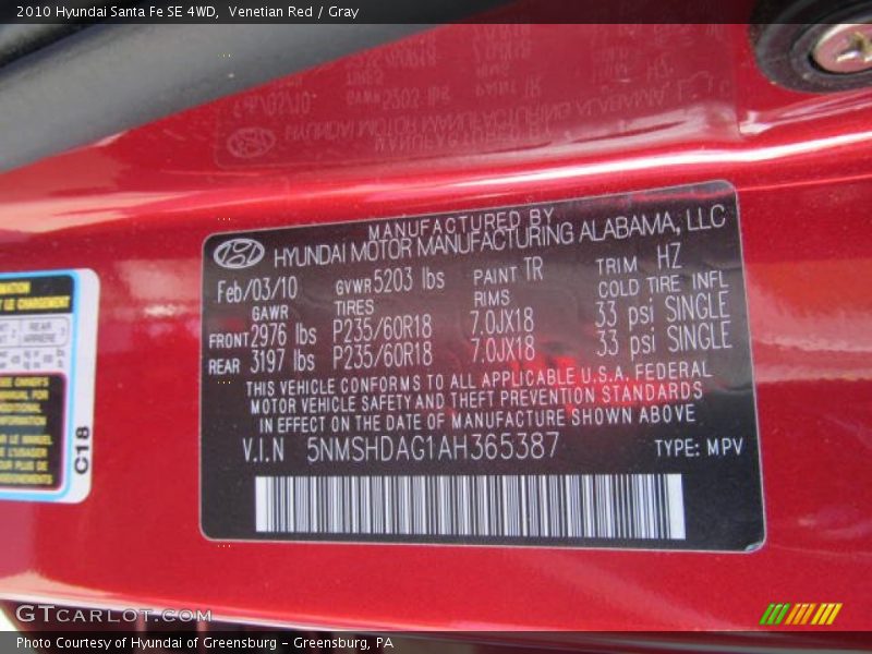 Venetian Red / Gray 2010 Hyundai Santa Fe SE 4WD