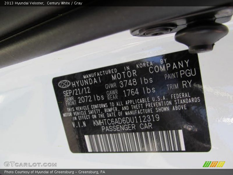 Century White / Gray 2013 Hyundai Veloster