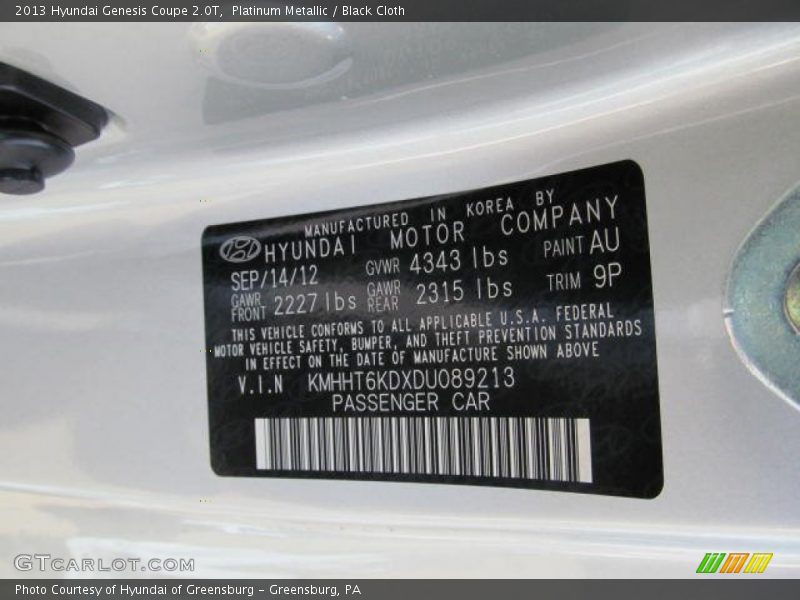 2013 Genesis Coupe 2.0T Platinum Metallic Color Code AU